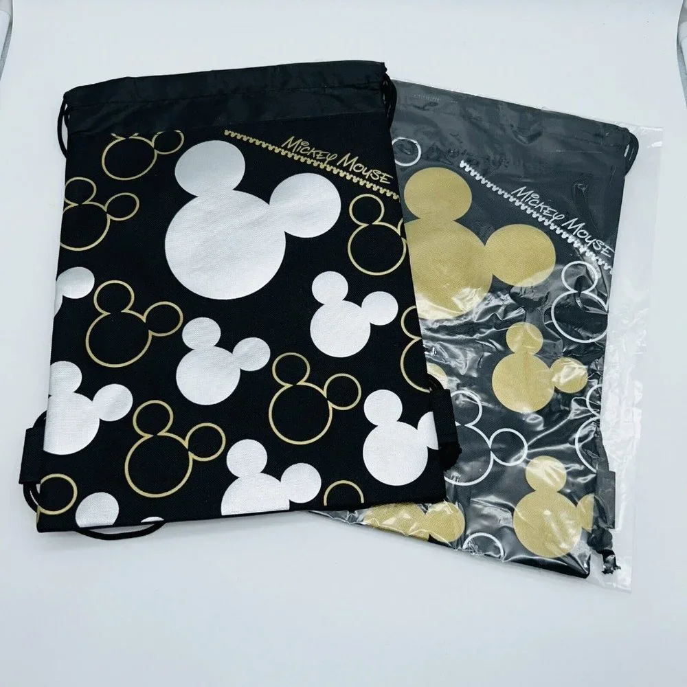 Disney Mickey Mouse Drawstring Backpack Bag Tote Black Gold, Silver [2 Pack] NEW